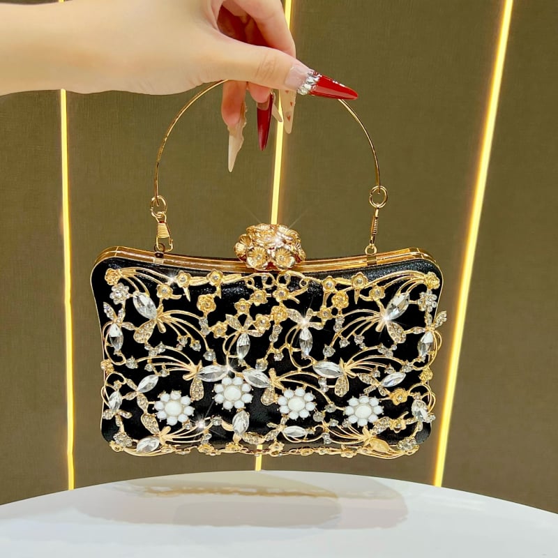 PU-anyagú gyémántdíszes estélyi táska, négyszögletes alakú clutch, záródás és belső telefontartó zseb