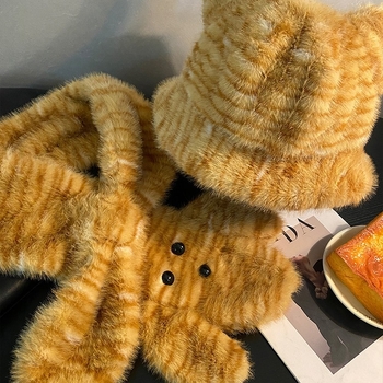 Двуетапен комплект: шапка и шал с тигро-леопардов принт, полиестер, съдържание 51–60%, дебел плюш, ветроустойчив, бродиран, миещ се, за есен и зима