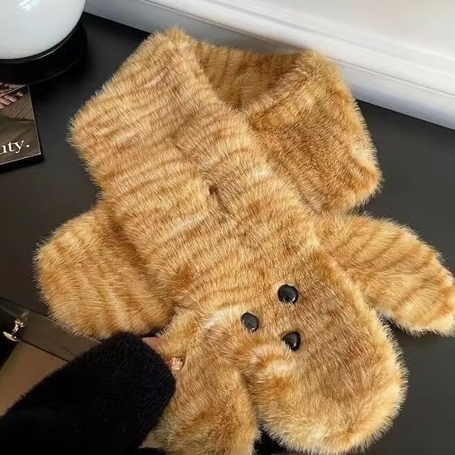 Двуетапен комплект: шапка и шал с тигро-леопардов принт, полиестер, съдържание 51–60%, дебел плюш, ветроустойчив, бродиран, миещ се, за есен и зима