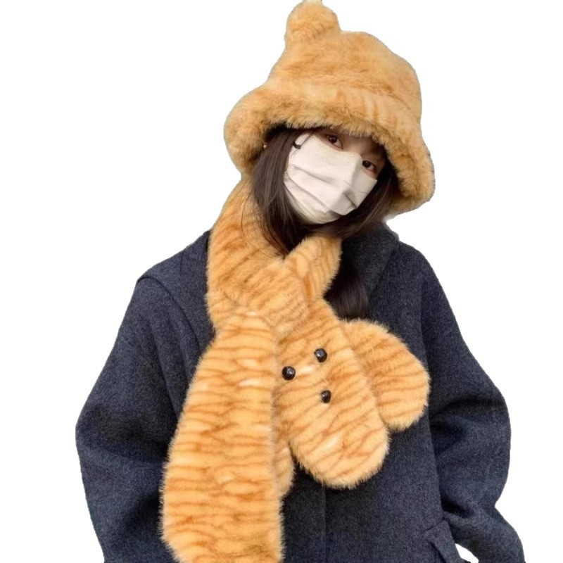 Двуетапен комплект: шапка и шал с тигро-леопардов принт, полиестер, съдържание 51–60%, дебел плюш, ветроустойчив, бродиран, миещ се, за есен и зима