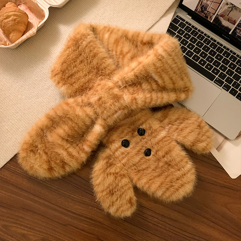 Двуетапен комплект: шапка и шал с тигро-леопардов принт, полиестер, съдържание 51–60%, дебел плюш, ветроустойчив, бродиран, миещ се, за есен и зима