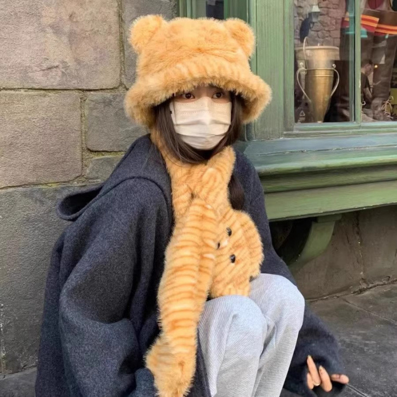 Двуетапен комплект: шапка и шал с тигро-леопардов принт, полиестер, съдържание 51–60%, дебел плюш, ветроустойчив, бродиран, миещ се, за есен и зима