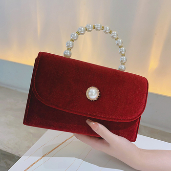 Velúr gyöngyös esté táska — vízszintes négyzet alakú, mágneses zár, zseb a telefon számára, poliészter bélés