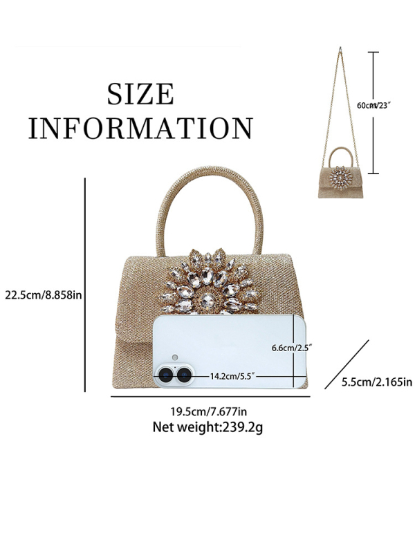 Rhinestone láncos mini clutch, mágneses zárás, poliészter anyag, dokumentum rekesz, vízszintes alakú