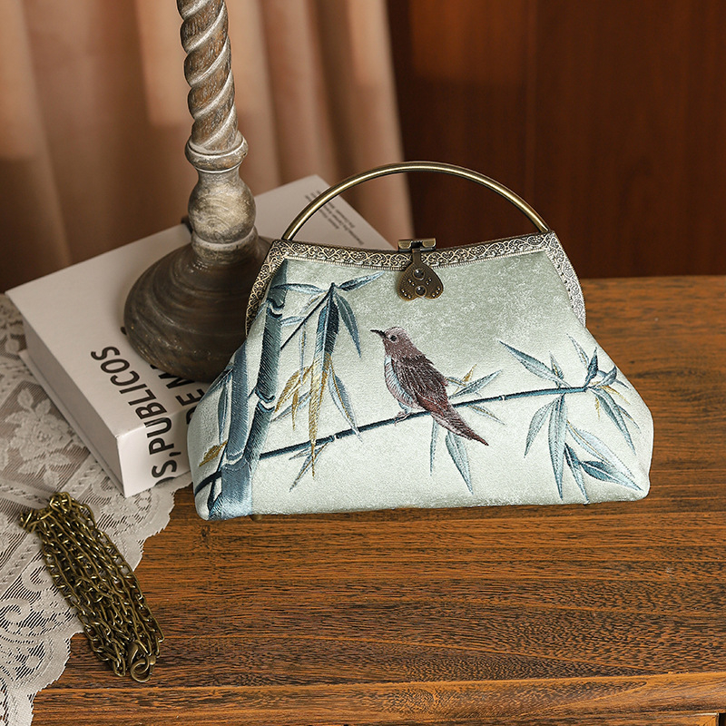 Hímzett kínai stílusú kézitáska, poliészter, kis négyzet alakú táska, zárható, belső réteggel