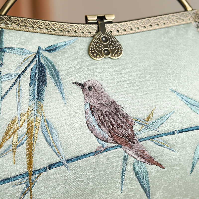 Hímzett kínai stílusú kézitáska, poliészter, kis négyzet alakú táska, zárható, belső réteggel