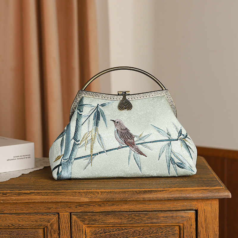 Hímzett kínai stílusú kézitáska, poliészter, kis négyzet alakú táska, zárható, belső réteggel