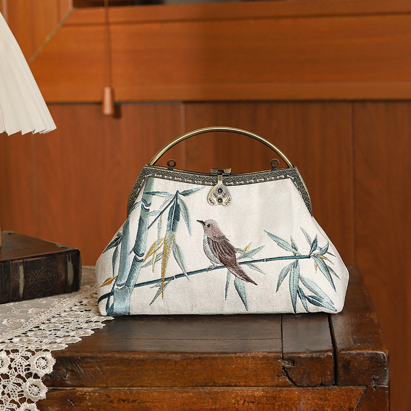 Hímzett kínai stílusú kézitáska, poliészter, kis négyzet alakú táska, zárható, belső réteggel