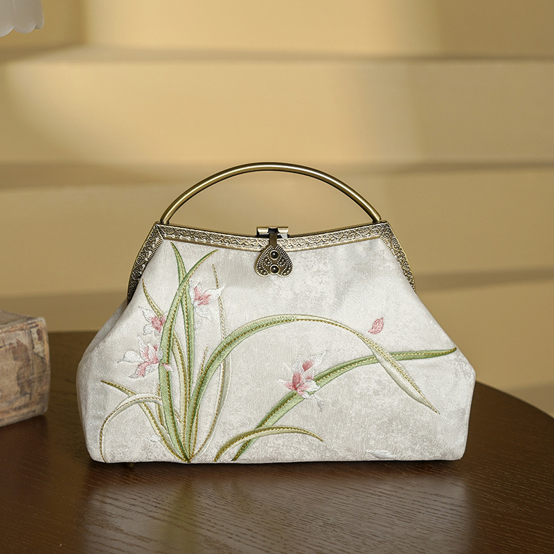 Hímzett kínai stílusú kézitáska, poliészter, kis négyzet alakú táska, zárható, belső réteggel