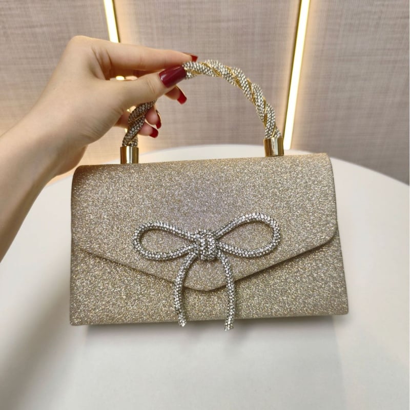 Estélyi clutch gyémántos masnival, kis négyszögletes forma, mágneses zár, telefontartó zseb