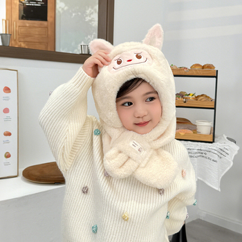 Σετ καπέλο και φουλάρι για παιδιά, δύο τεμάχια, παχύ plush, ζεστό, καπέλο με προστασία για τα αυτιά, πολυεστέρας, φθινοπωρο-χειμώνας