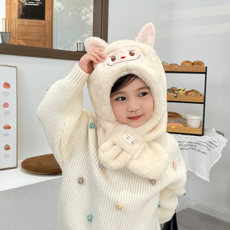 Σετ καπέλο και φουλάρι για παιδιά, δύο τεμάχια, παχύ plush, ζεστό, καπέλο με προστασία για τα αυτιά, πολυεστέρας, φθινοπωρο-χειμώνας