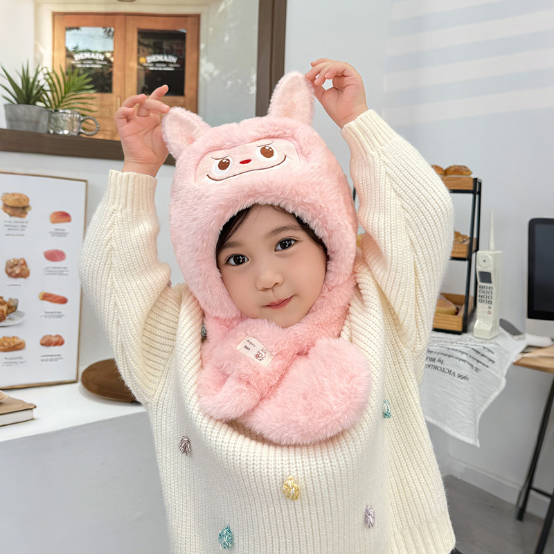 Σετ καπέλο και φουλάρι για παιδιά, δύο τεμάχια, παχύ plush, ζεστό, καπέλο με προστασία για τα αυτιά, πολυεστέρας, φθινοπωρο-χειμώνας
