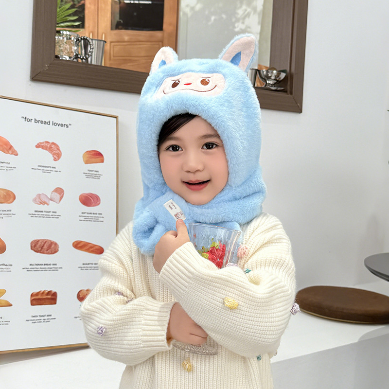 Σετ καπέλο και φουλάρι για παιδιά, δύο τεμάχια, παχύ plush, ζεστό, καπέλο με προστασία για τα αυτιά, πολυεστέρας, φθινοπωρο-χειμώνας