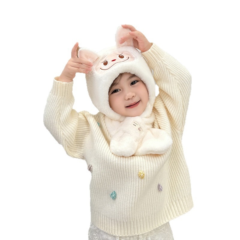 Σετ καπέλο και φουλάρι για παιδιά, δύο τεμάχια, παχύ plush, ζεστό, καπέλο με προστασία για τα αυτιά, πολυεστέρας, φθινοπωρο-χειμώνας