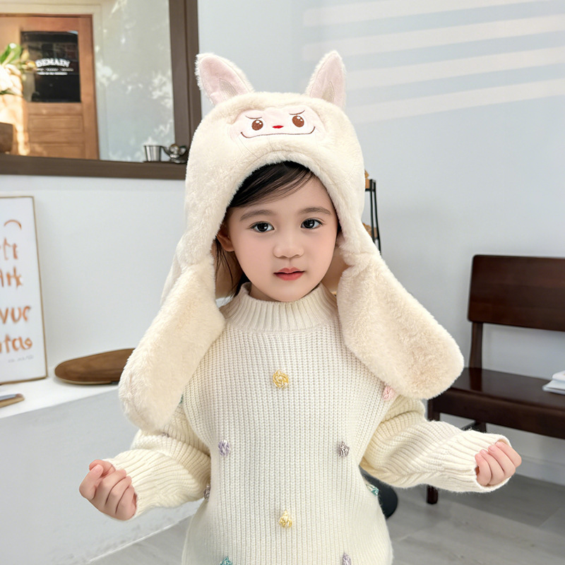 Σετ καπέλο και φουλάρι για παιδιά, δύο τεμάχια, παχύ plush, ζεστό, καπέλο με προστασία για τα αυτιά, πολυεστέρας, φθινοπωρο-χειμώνας