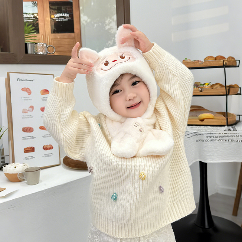 Σετ καπέλο και φουλάρι για παιδιά, δύο τεμάχια, παχύ plush, ζεστό, καπέλο με προστασία για τα αυτιά, πολυεστέρας, φθινοπωρο-χειμώνας