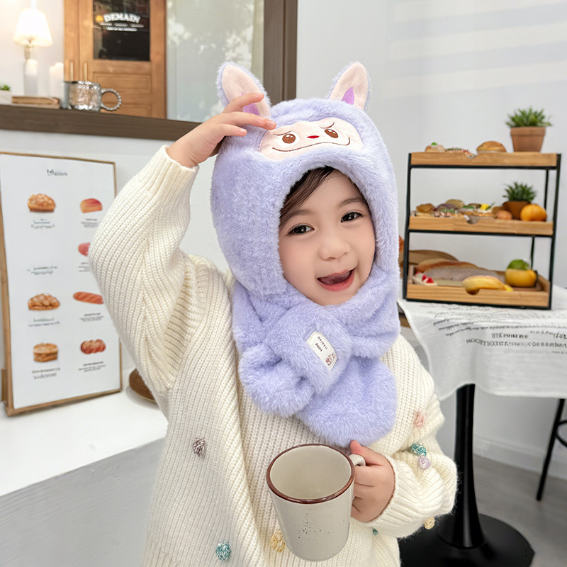 Σετ καπέλο και φουλάρι για παιδιά, δύο τεμάχια, παχύ plush, ζεστό, καπέλο με προστασία για τα αυτιά, πολυεστέρας, φθινοπωρο-χειμώνας
