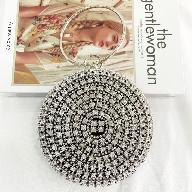 Rhinestone party torba, metalna, okrugla, večernja torba za žene s pretincem za telefon