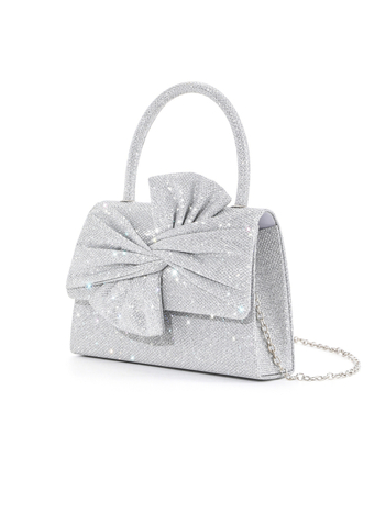 Glitter mašna ručno pleteni clutch s metalnim lancem – ženska večernja torba, vodoravni kvadratni oblik, zatvoren otvor, poliester materijal i podstava, džep sa zatvaračem i džep za mobitel