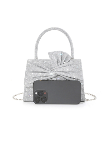 Glitter mašna ručno pleteni clutch s metalnim lancem – ženska večernja torba, vodoravni kvadratni oblik, zatvoren otvor, poliester materijal i podstava, džep sa zatvaračem i džep za mobitel