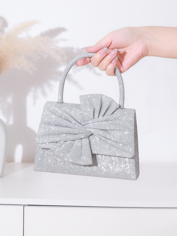 Glitter mašna ručno pleteni clutch s metalnim lancem – ženska večernja torba, vodoravni kvadratni oblik, zatvoren otvor, poliester materijal i podstava, džep sa zatvaračem i džep za mobitel