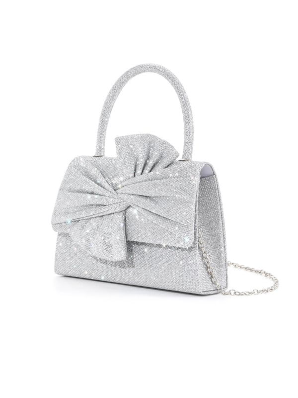Glitter mašna ručno pleteni clutch s metalnim lancem – ženska večernja torba, vodoravni kvadratni oblik, zatvoren otvor, poliester materijal i podstava, džep sa zatvaračem i džep za mobitel