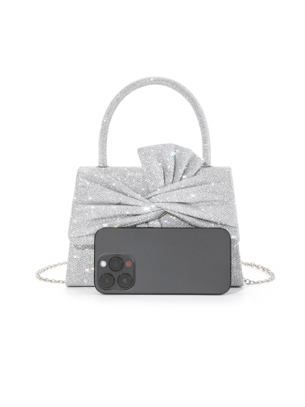 Glitter mašna ručno pleteni clutch s metalnim lancem – ženska večernja torba, vodoravni kvadratni oblik, zatvoren otvor, poliester materijal i podstava, džep sa zatvaračem i džep za mobitel