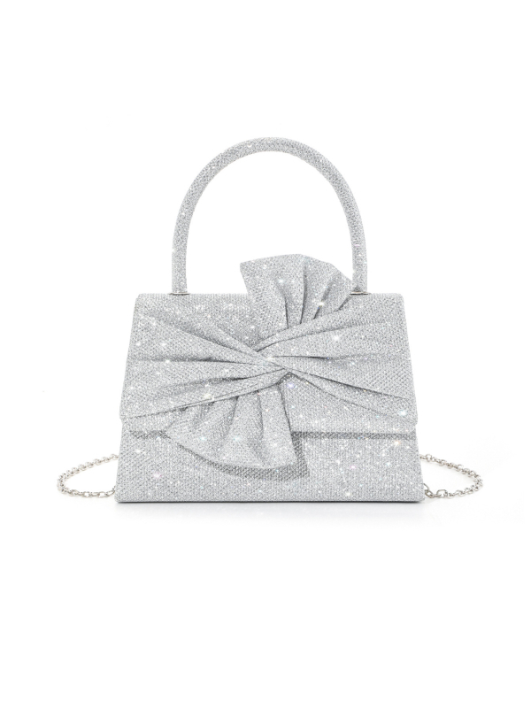 Glitter mašna ručno pleteni clutch s metalnim lancem – ženska večernja torba, vodoravni kvadratni oblik, zatvoren otvor, poliester materijal i podstava, džep sa zatvaračem i džep za mobitel
