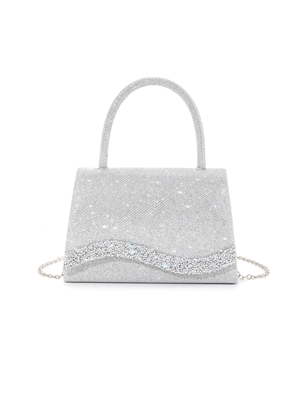 Glitter mašna ručno pleteni clutch s metalnim lancem – ženska večernja torba, vodoravni kvadratni oblik, zatvoren otvor, poliester materijal i podstava, džep sa zatvaračem i džep za mobitel