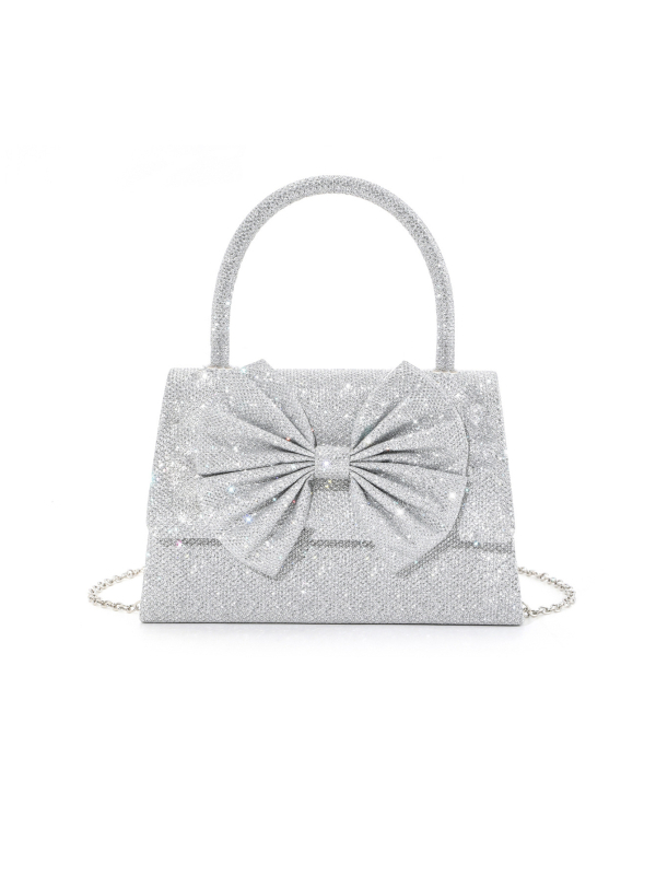 Glitter mašna ručno pleteni clutch s metalnim lancem – ženska večernja torba, vodoravni kvadratni oblik, zatvoren otvor, poliester materijal i podstava, džep sa zatvaračem i džep za mobitel