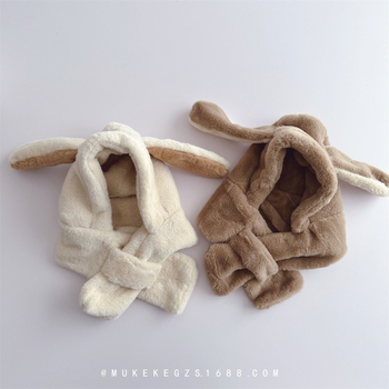 Σετ παιδικού καπέλου και φουλαριού από plush, κορεατικού στυλ, με ριγέ μοτίβο, για τον χειμώνα