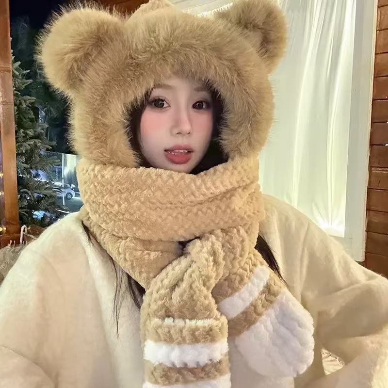 Γυναικείο χειμερινό σετ τριών τεμαχίων καπέλο, κασκόλ και γάντια (πολυεστέρας, σατινέ φινίρισμα, χειμώνας 2025)