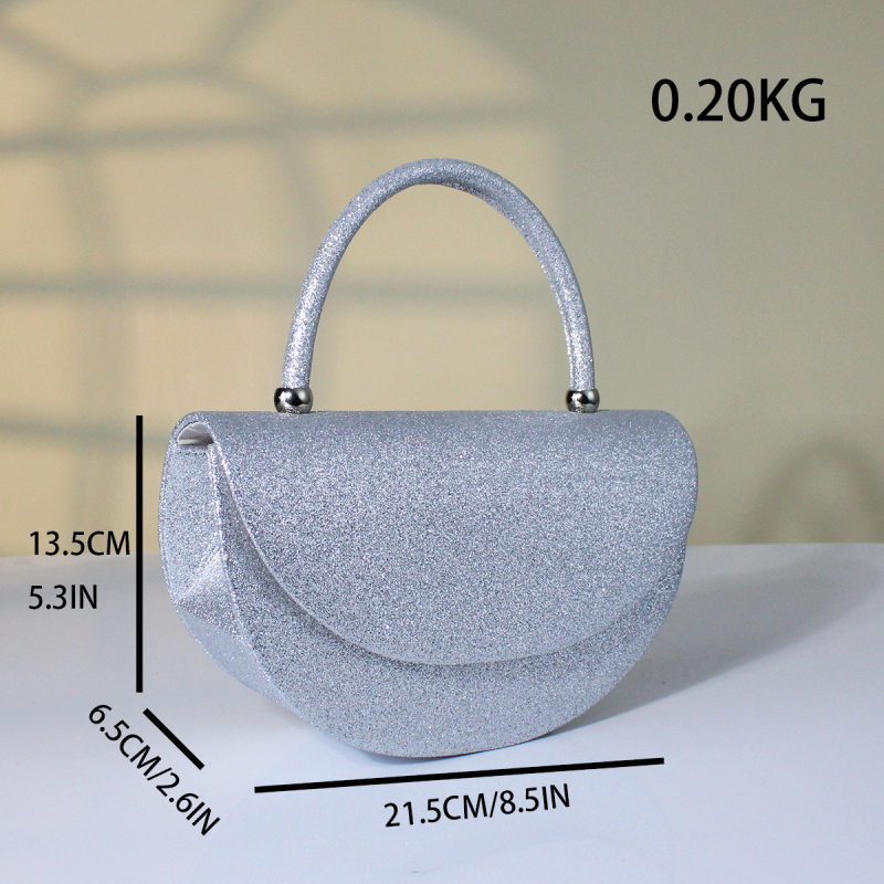 Ženska večernja torba polukružnog oblika, PVC materijal, magnetska kopča, poliester podstava i džep za dokumente.