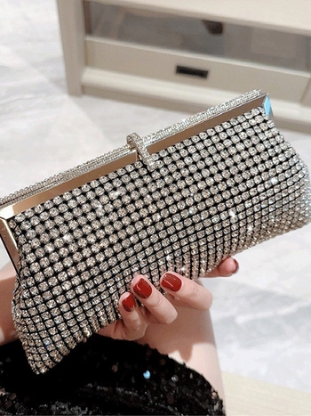 Večernja clutch torbica s dijamantnim kristalima, kopča, dumpling oblik, poliester, podstava od pamuka, unutarnji džep za dokumente