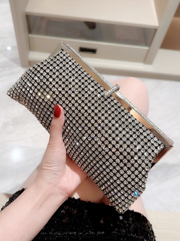 Večernja clutch torbica s dijamantnim kristalima, kopča, dumpling oblik, poliester, podstava od pamuka, unutarnji džep za dokumente