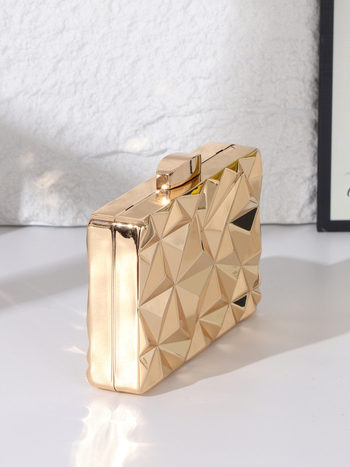 Večernja clutch torbica – Metalna, Horizontalnog kvadratnog oblika, Zaključavanje na bravu, Unutarnji džepovi za telefon i dokumente, Podstava od poliestera