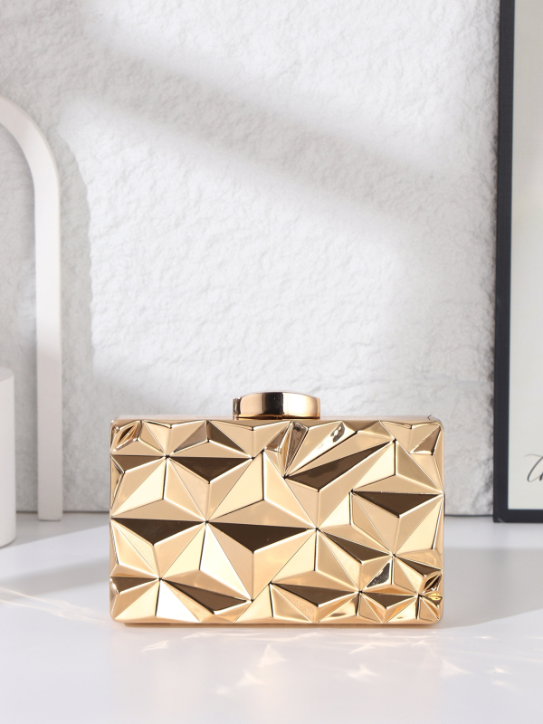 Večernja clutch torbica – Metalna, Horizontalnog kvadratnog oblika, Zaključavanje na bravu, Unutarnji džepovi za telefon i dokumente, Podstava od poliestera