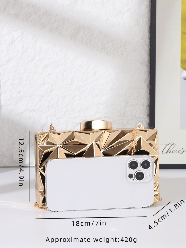 Večernja clutch torbica – Metalna, Horizontalnog kvadratnog oblika, Zaključavanje na bravu, Unutarnji džepovi za telefon i dokumente, Podstava od poliestera