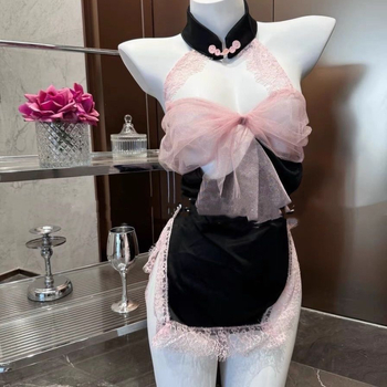 Set de pijama din dantelă pentru dormit, spate decupat cu funda, fără mâneci, mini fustă, poliester (90-95% poliester)