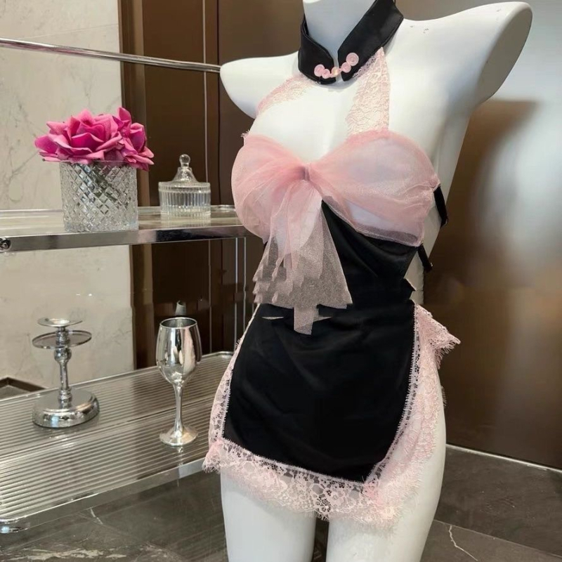 Set de pijama din dantelă pentru dormit, spate decupat cu funda, fără mâneci, mini fustă, poliester (90-95% poliester)