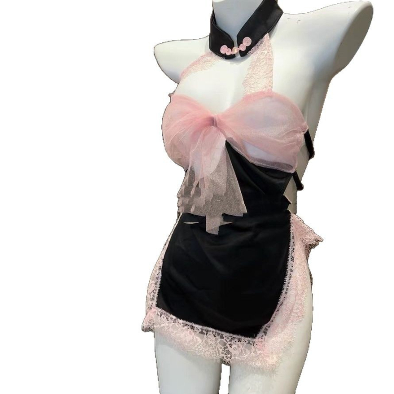 Set de pijama din dantelă pentru dormit, spate decupat cu funda, fără mâneci, mini fustă, poliester (90-95% poliester)