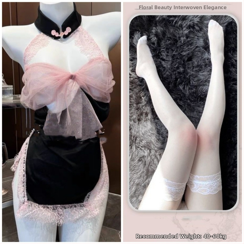 Set de pijama din dantelă pentru dormit, spate decupat cu funda, fără mâneci, mini fustă, poliester (90-95% poliester)