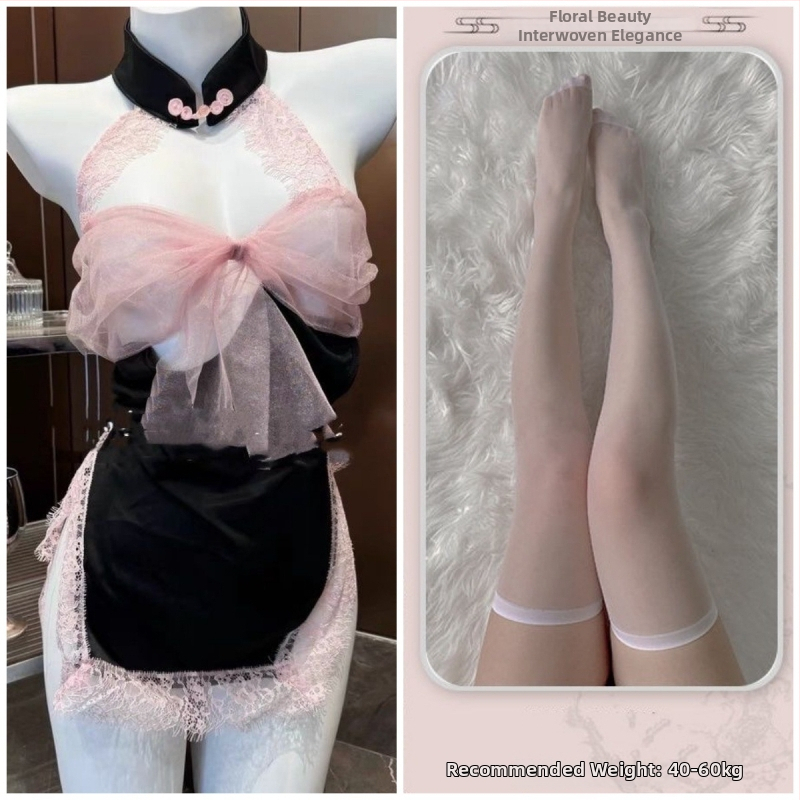 Set de pijama din dantelă pentru dormit, spate decupat cu funda, fără mâneci, mini fustă, poliester (90-95% poliester)