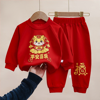 Детски двучастков костюм в китайски стил, унисекс, топ с дълъг ръкав и дълги панталони, 100% памук, удебелен, пролет 2026