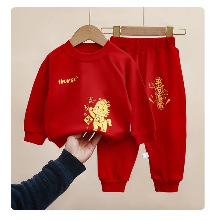 Детски двучастков костюм в китайски стил, унисекс, топ с дълъг ръкав и дълги панталони, 100% памук, удебелен, пролет 2026