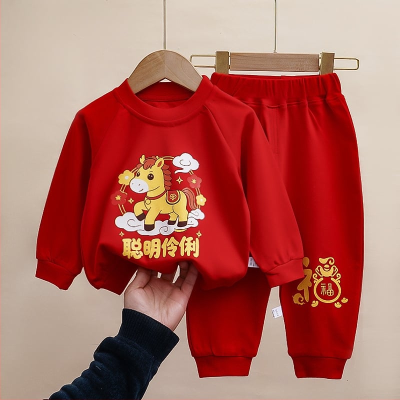 Детски двучастков костюм в китайски стил, унисекс, топ с дълъг ръкав и дълги панталони, 100% памук, удебелен, пролет 2026