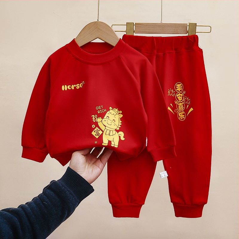 Детски двучастков костюм в китайски стил, унисекс, топ с дълъг ръкав и дълги панталони, 100% памук, удебелен, пролет 2026
