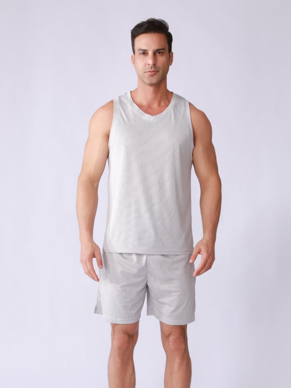 ZMYJR Мъжки двучастен спортен комплект с бързоизсъхване, безръкав жилетка с V-образно деколте, дишащ полиестер 140 g дупчена тъкан