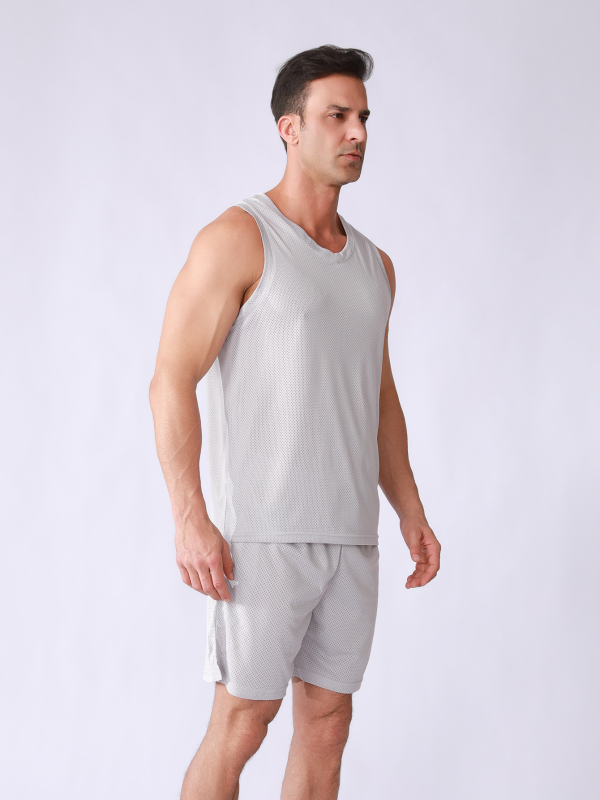ZMYJR Мъжки двучастен спортен комплект с бързоизсъхване, безръкав жилетка с V-образно деколте, дишащ полиестер 140 g дупчена тъкан